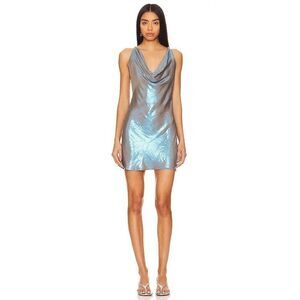 NWT My Beachy Side Iridescent Chain Back Mini Dress Silver Blue Goddess Slip S N